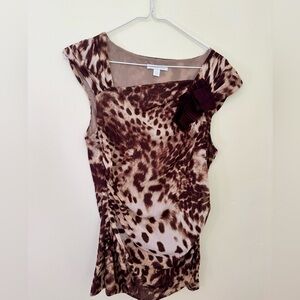 Semi Sheer Leopard Top, Stretchy Ruched Fabric Bow Detail Sz M New York & Co